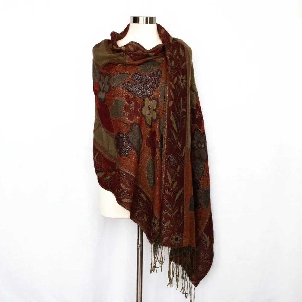 Hand-Woven Double-Sided Wrap Shawl w Floral Design & Sparkly Silver Tread Accent